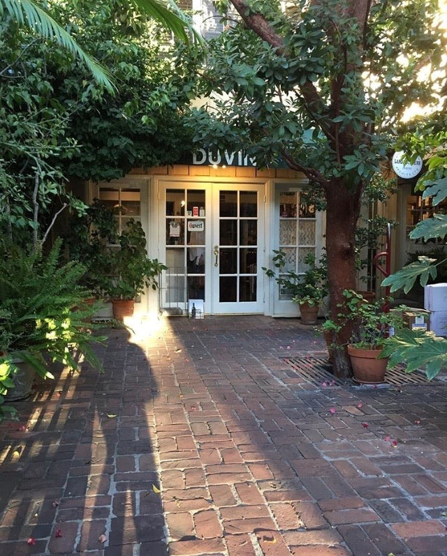 Brick driveway leading through greenery to Du Vin Wine and Spirits in West Hollywood.